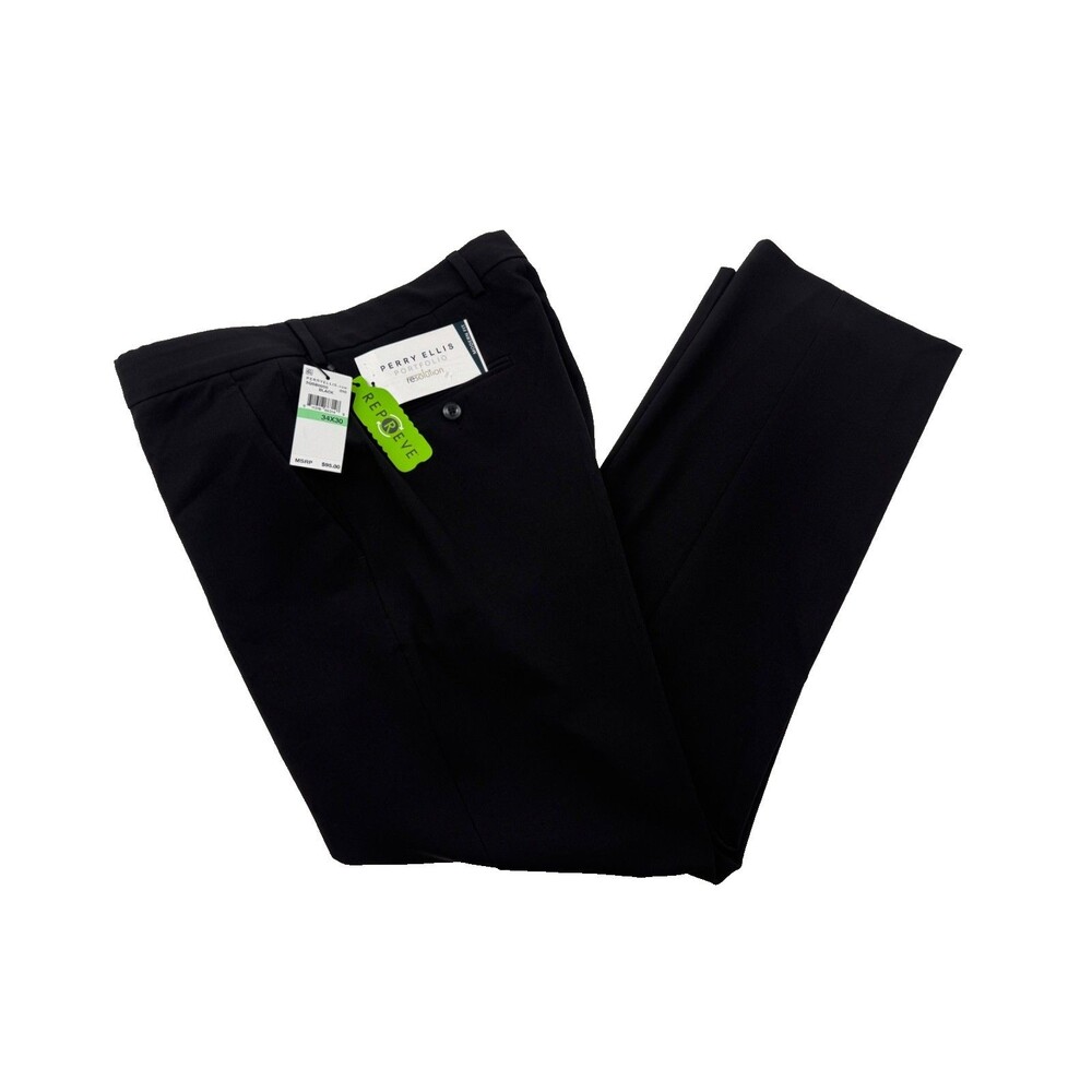 $95 PERRY ELLIS MENS 34X30 SOLID BLACK SOFT STRETCH TROUSERS DRESS PANTS SLACKS